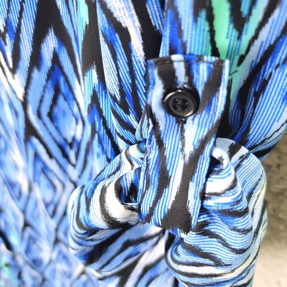 Tunic Top Womens L Blue Button Up Long Roll Tab Sleeves Collar Casual Geometric - Picture 7 of 12